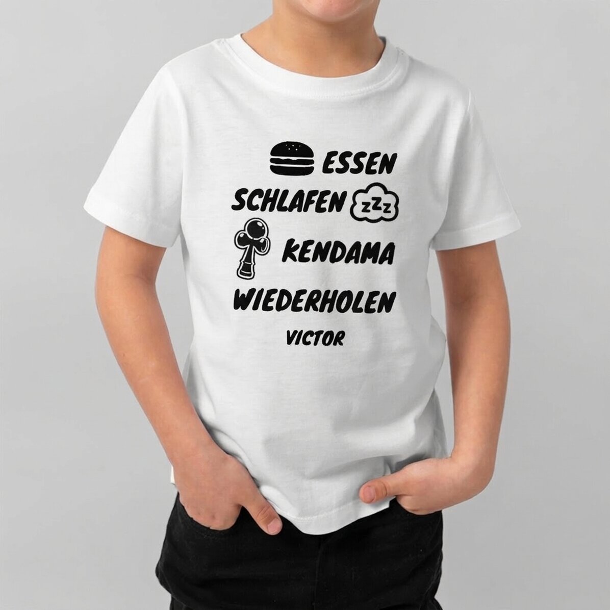 Personalisiertes Baumwoll-T-Shirt für Kinder mit dem Aufdruck „Eat, sleep, kendama, repeat“