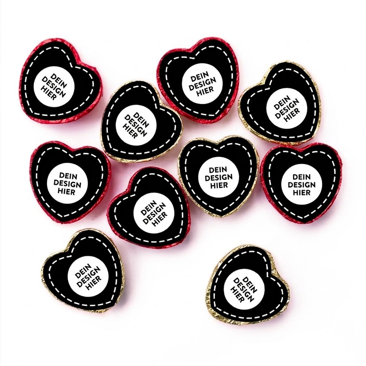 Set mit 10 personalisierten Mini-Schokoladenherzen mit deinem Motiv