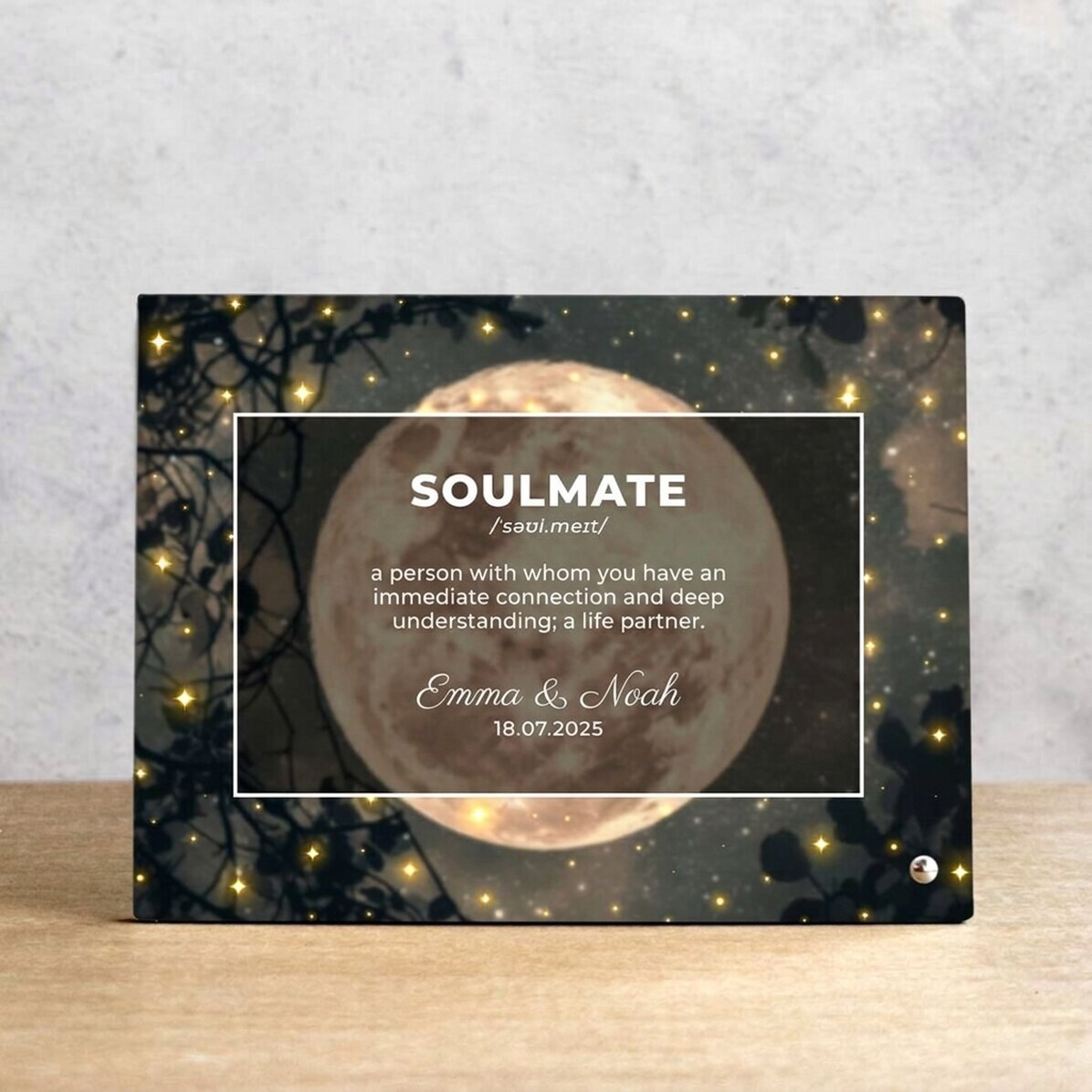 Personalisierter Fotorahmen für den Schreibtisch mit Text – Full Moon Compatibility