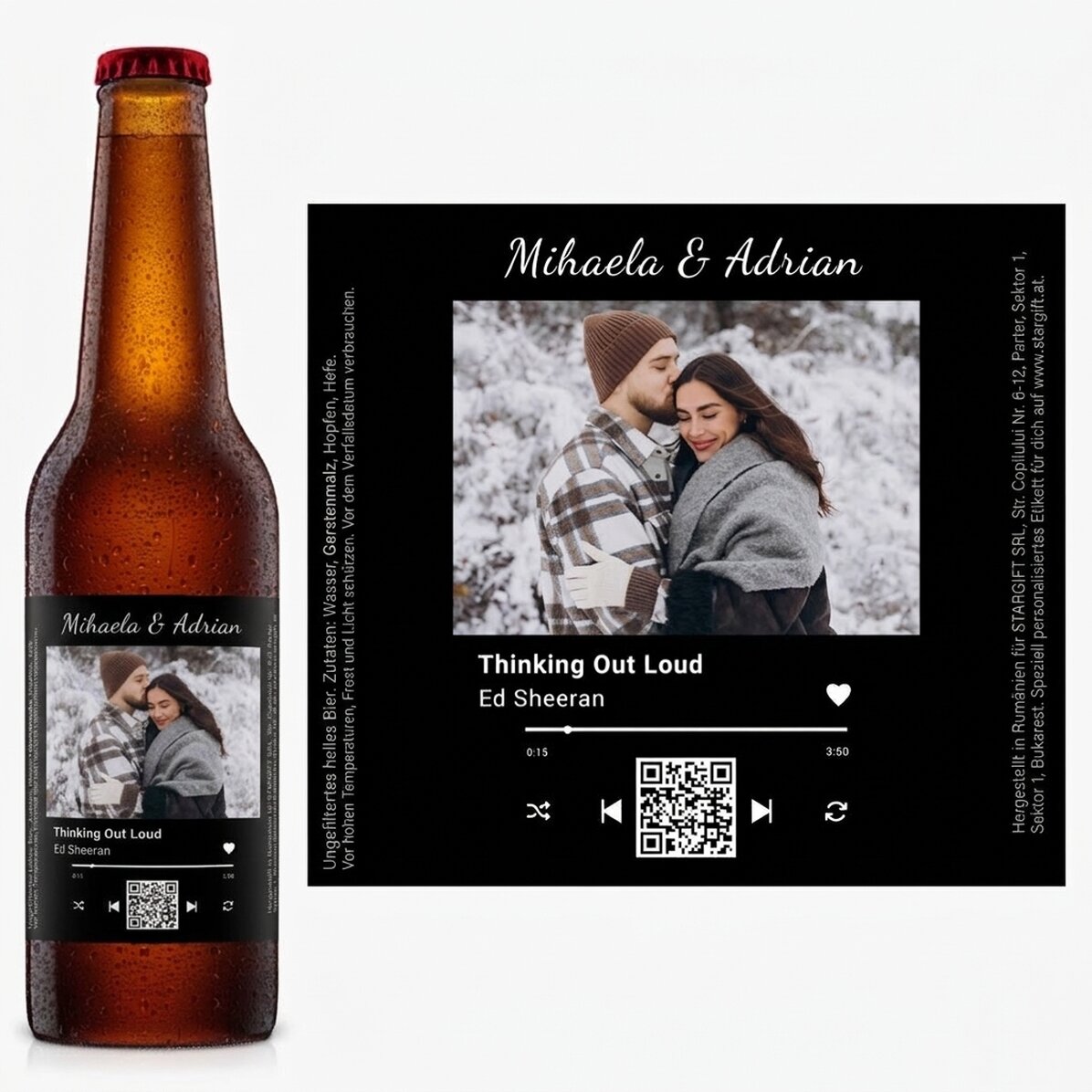 Individuell gestaltetes Bier mit Foto, Text und QR-Code – Unser Lied