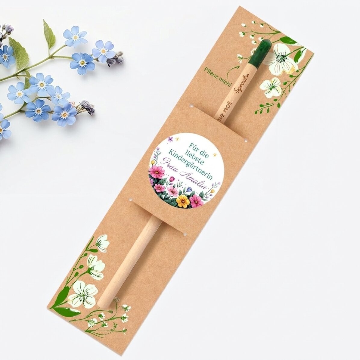Personalisierter, pflanzbarer Bleistift mit Botschaft – Blumenmuster