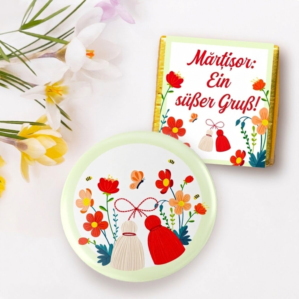 Martisor-Geschenkset mit Mini-Praline und Anstecknadel
