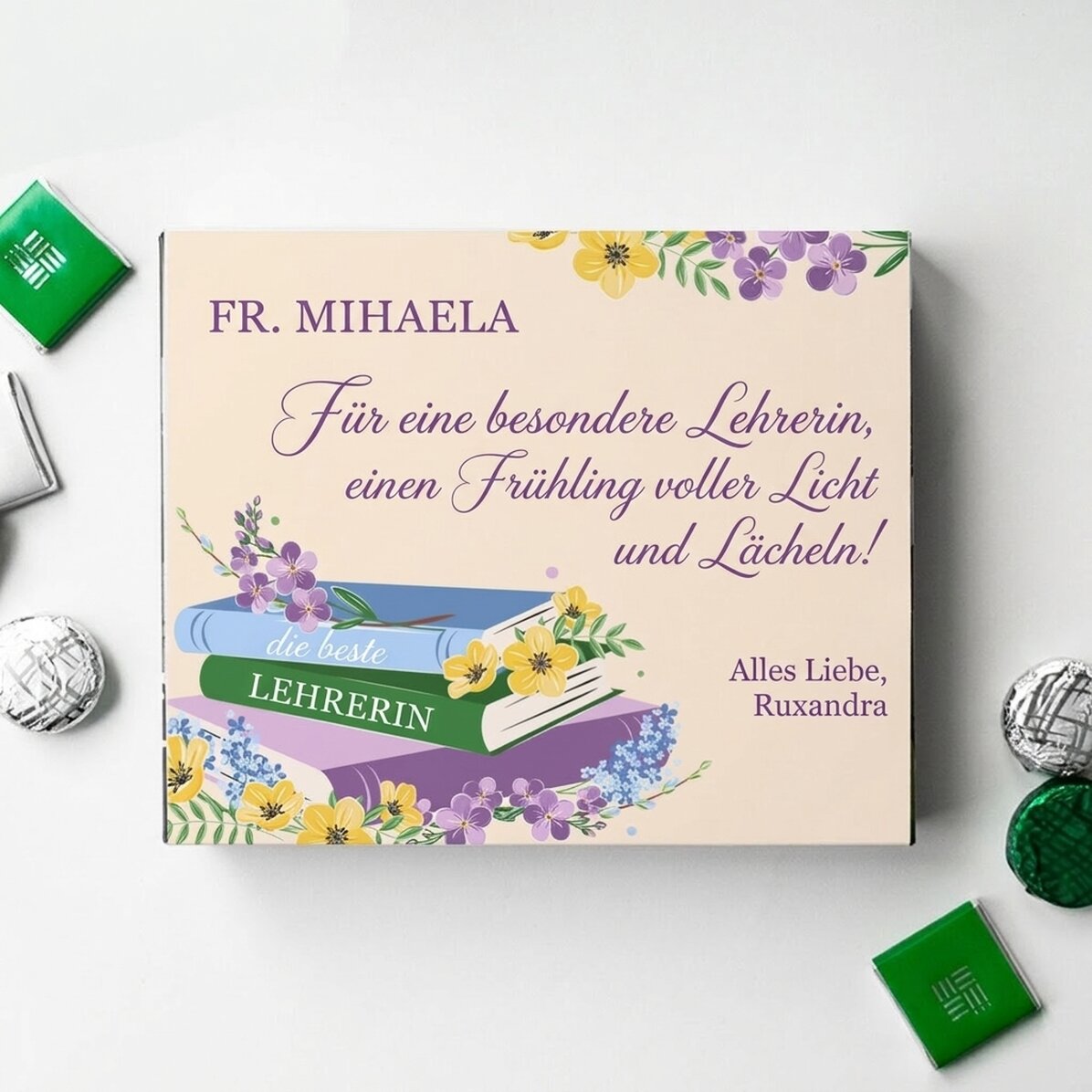 Personalisierte Pralinenschachtel mit Text und Namen für Lehrerinnen