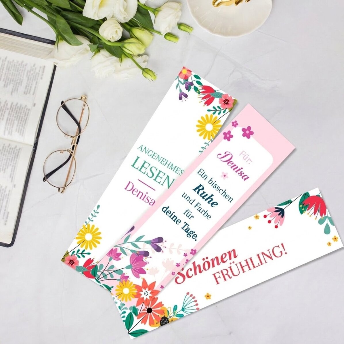 Set mit 3 personalisierten Lesezeichen mit Text – Frühling