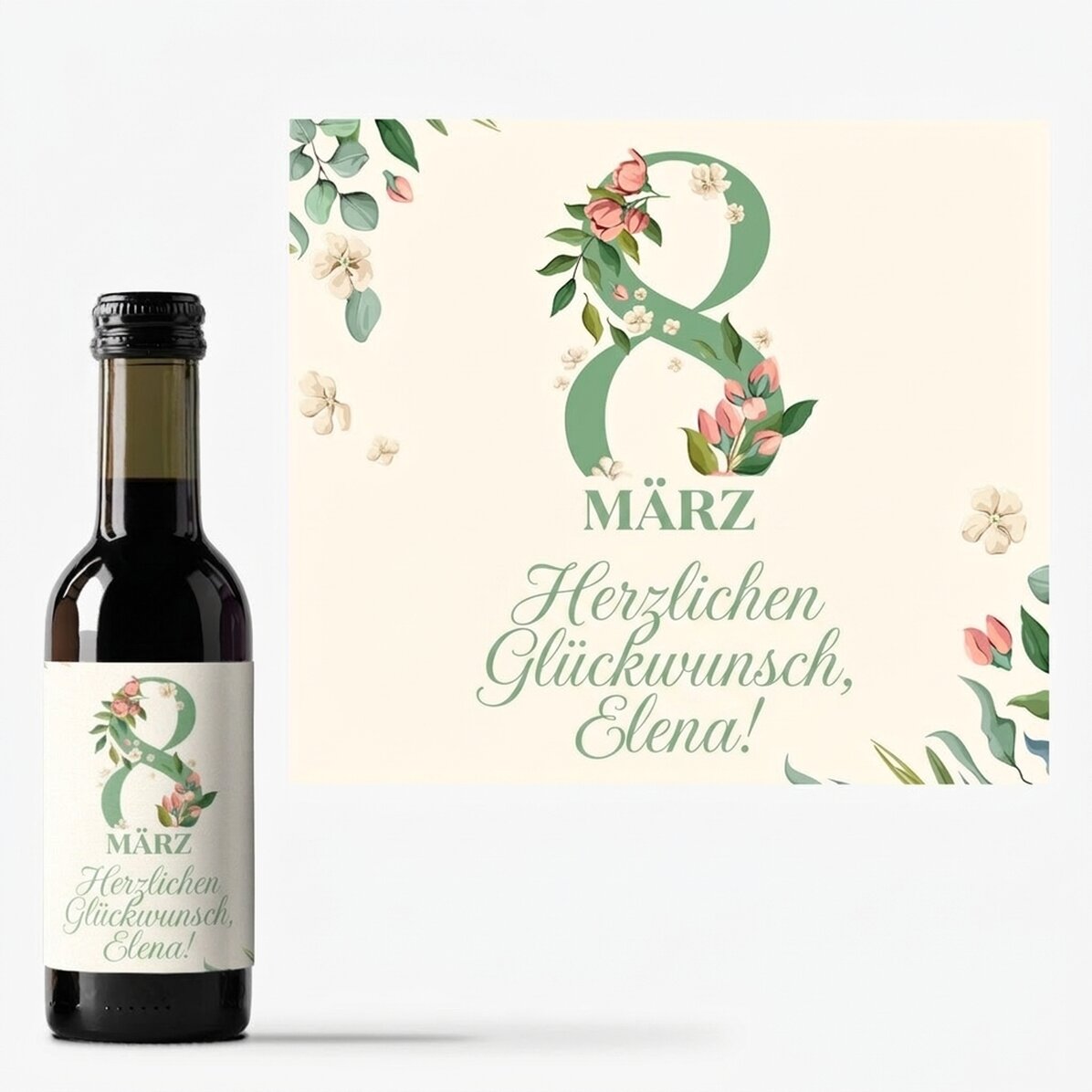 Personalisierte Mini-Weinflasche mit einer Botschaft zum 8. März