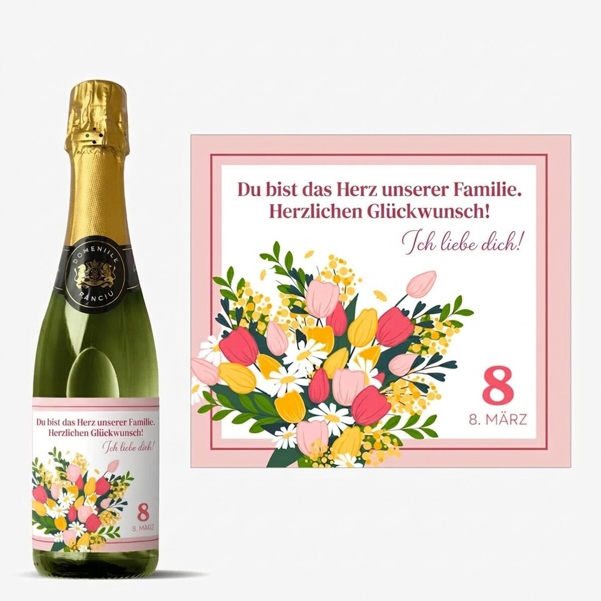 Mittlere Sektflasche mit individueller Beschriftung – Blumen