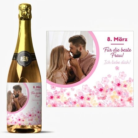 Personalisierter Sekt mit Text und Foto – Blumen