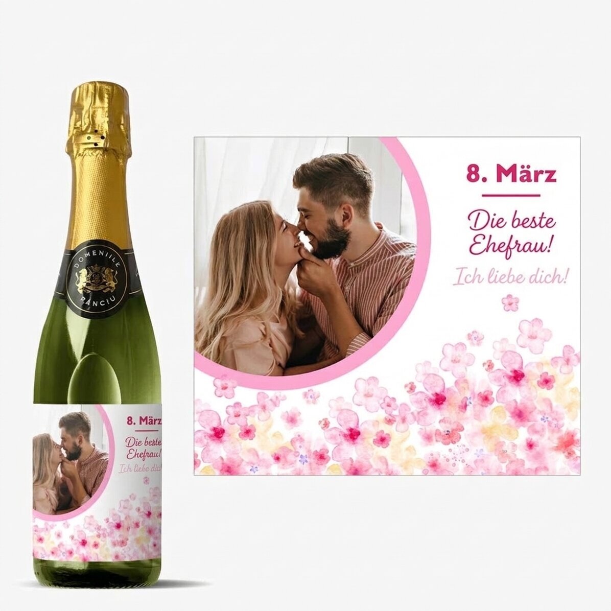 Mittlere Sektflasche, individuell gestaltet mit Text und Foto – Blumen