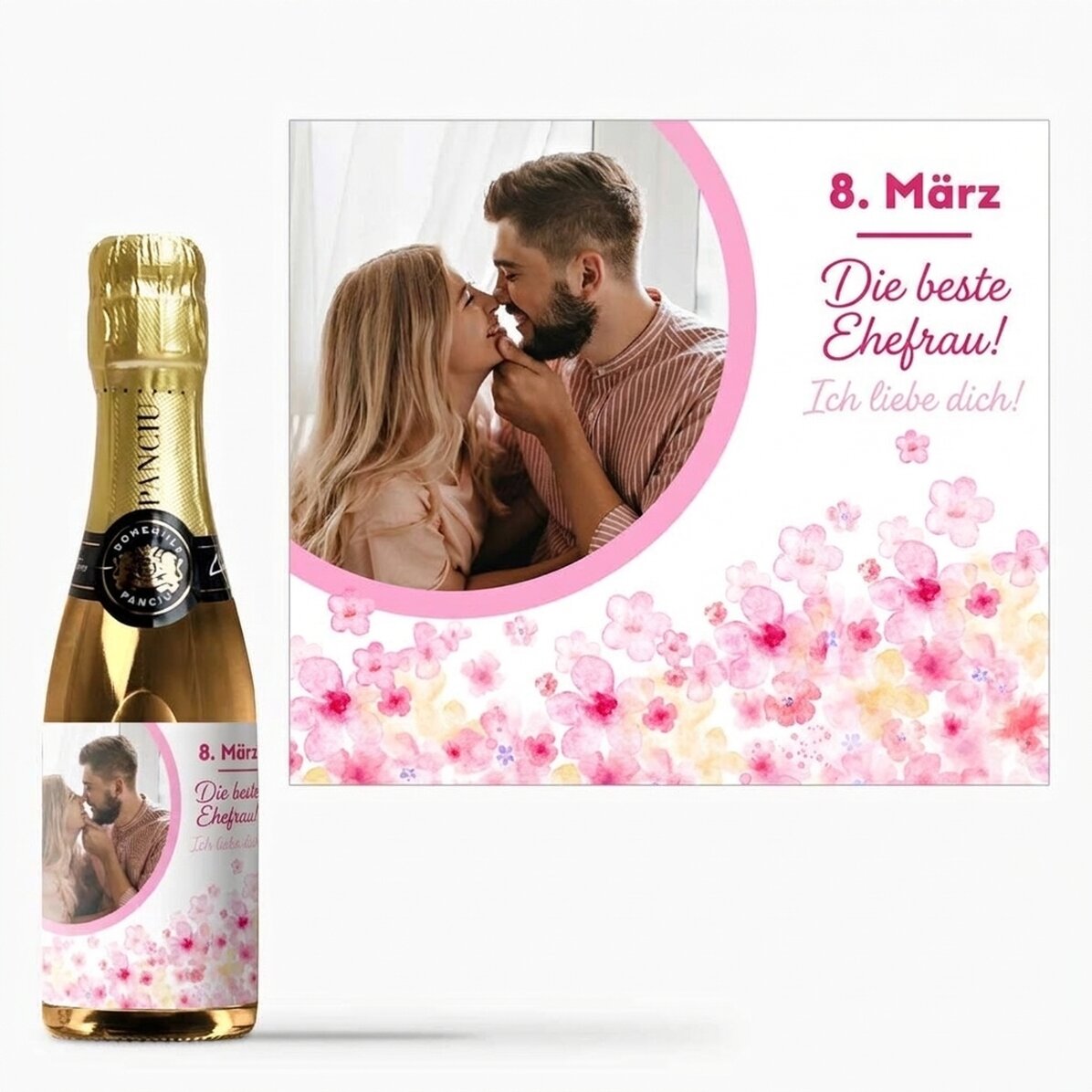 Kleine Flasche Sekt, individuell gestaltet mit Text und Foto – Blumen