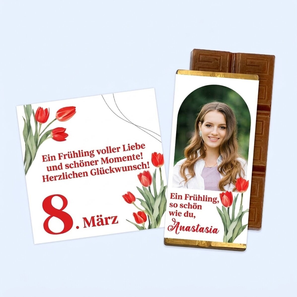 Geschenkset zum 8. März mit Magnet und personalisierter Mini-Schokoladentafel