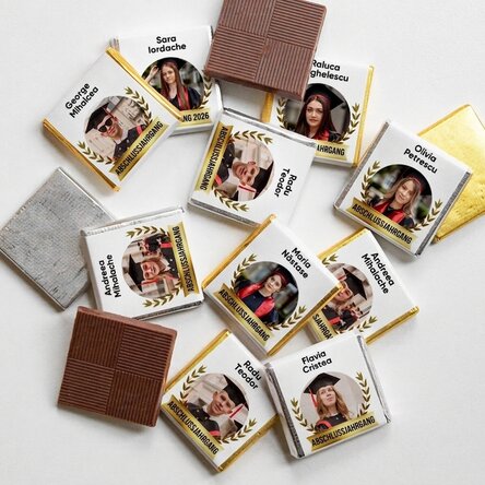 Set mit 10 personalisierten Mini-Pralinen mit Text und Foto für Absolventen
