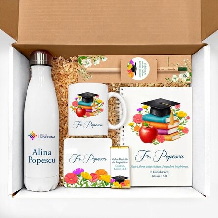 Personalisiertes Geschenkset für Lehrerinnen mit persönlicher Botschaft und Logo