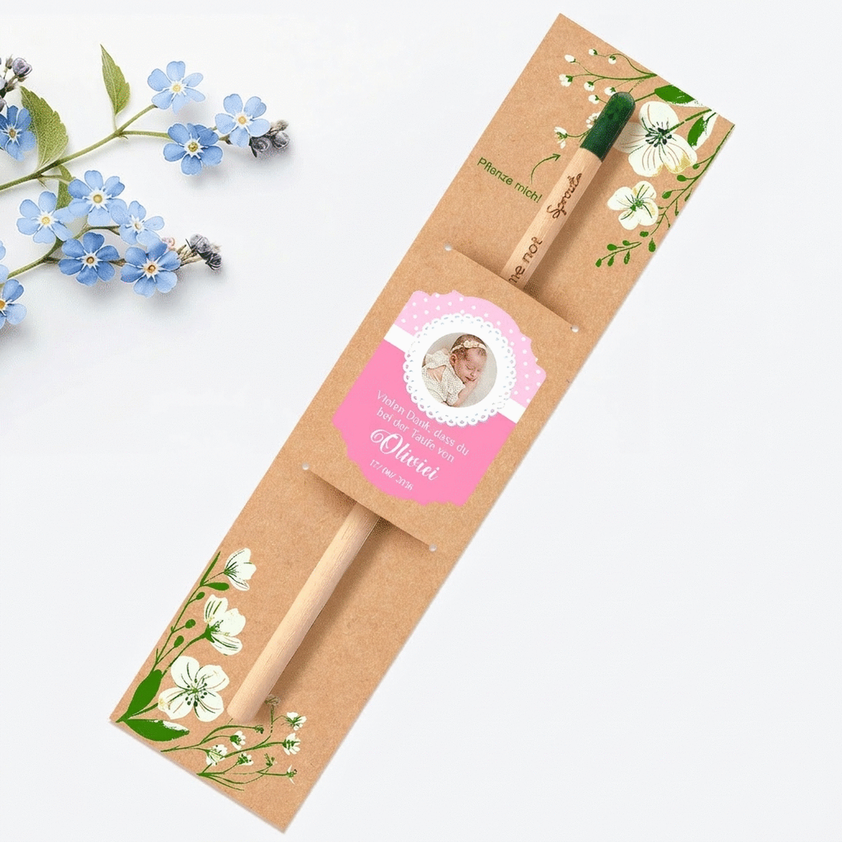 Personalisierter pflanzbarer Bleistift mit Foto und Botschaft – Taufgeschenk