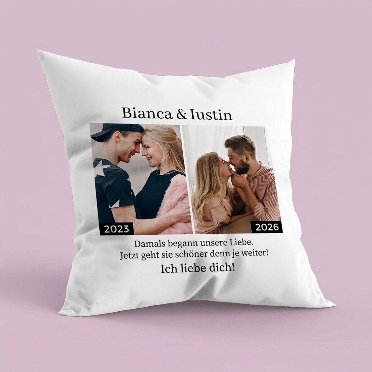Personalisiertes Kissen mit 2 Fotos und Text – Damals und heute