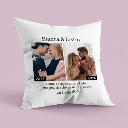 Personalisiertes Kissen mit 2 Fotos und Text – Damals und heute