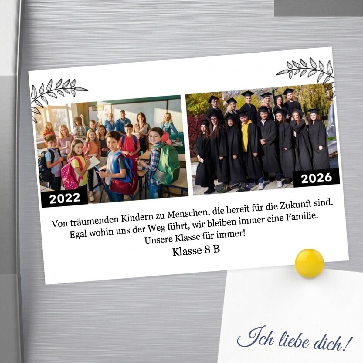 Individuell gestalteter Magnet (18 x 13 cm) mit 2 Fotos und Text – Damals und heute