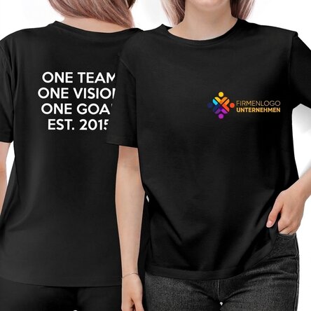 Personalisiertes Baumwoll-T-Shirt mit Logo auf der Vorderseite und Schriftzug auf der Rückseite
