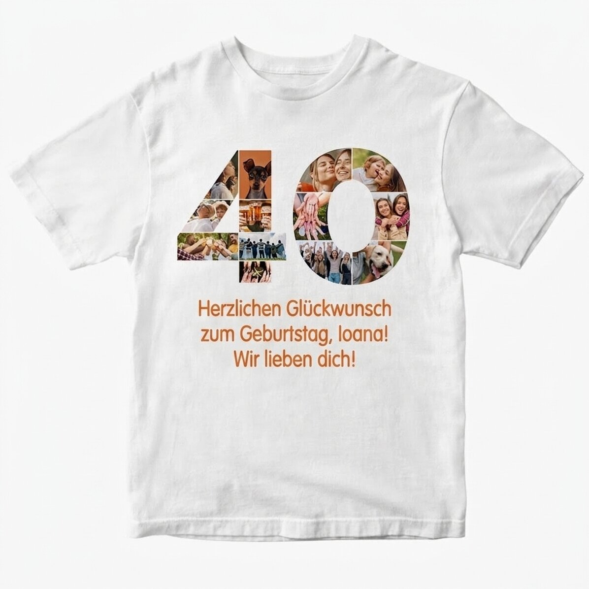 Personalisiertes Baumwoll-T-Shirt mit 13 Fotos und einer Botschaft – 40 Jahre