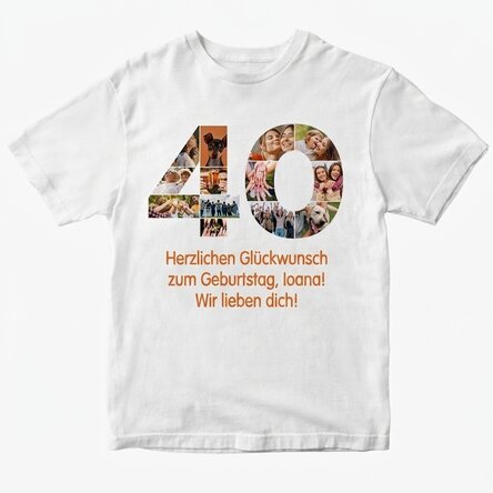 Personalisiertes Baumwoll-T-Shirt mit 13 Fotos und einer Botschaft – 40 Jahre