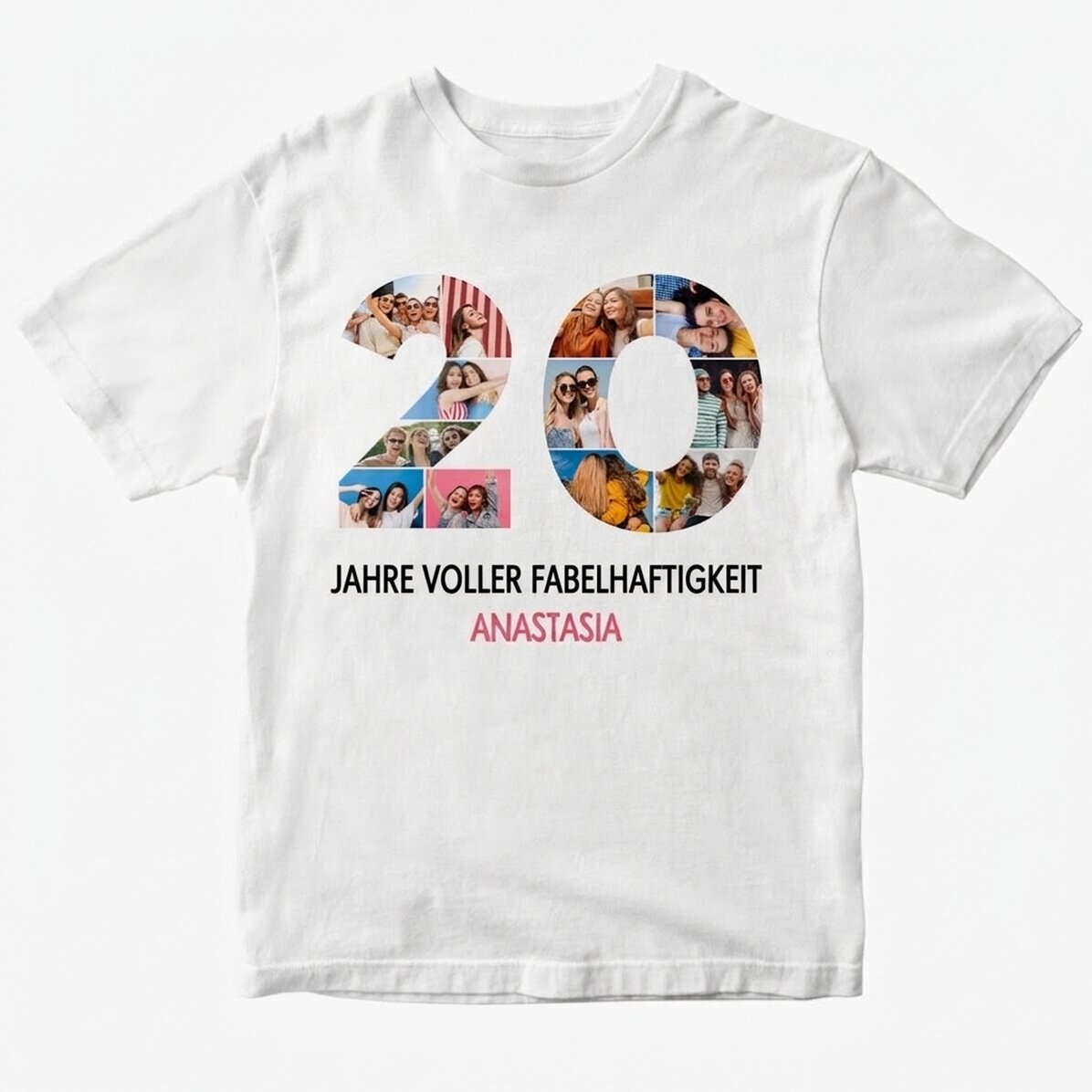 Personalisiertes Baumwoll-T-Shirt mit 12 Fotos und einer Botschaft – 20 Jahre