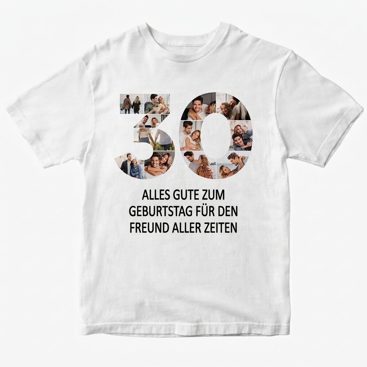 Personalisiertes Baumwoll-T-Shirt mit 12 Fotos und einer Botschaft – 30 Jahre