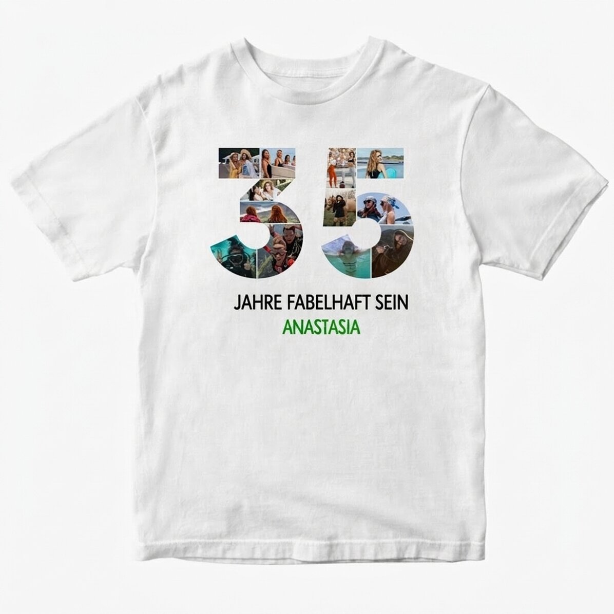 Personalisiertes Baumwoll-T-Shirt mit 12 Fotos und einer Botschaft – 35 Jahre