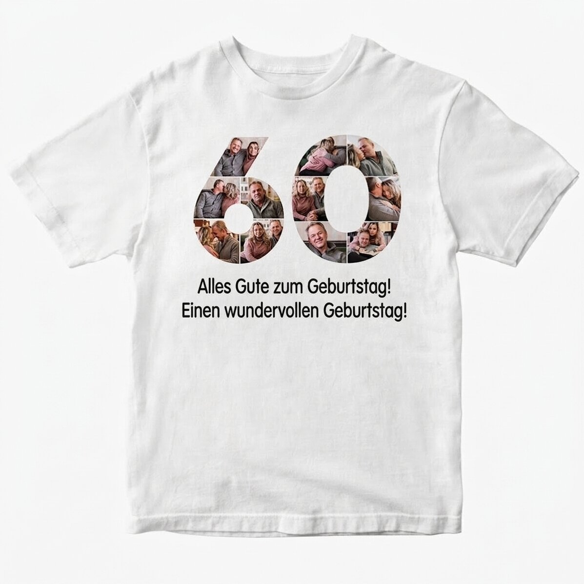 Personalisiertes Baumwoll-T-Shirt mit 11 Fotos und einer Botschaft – 60 Jahre