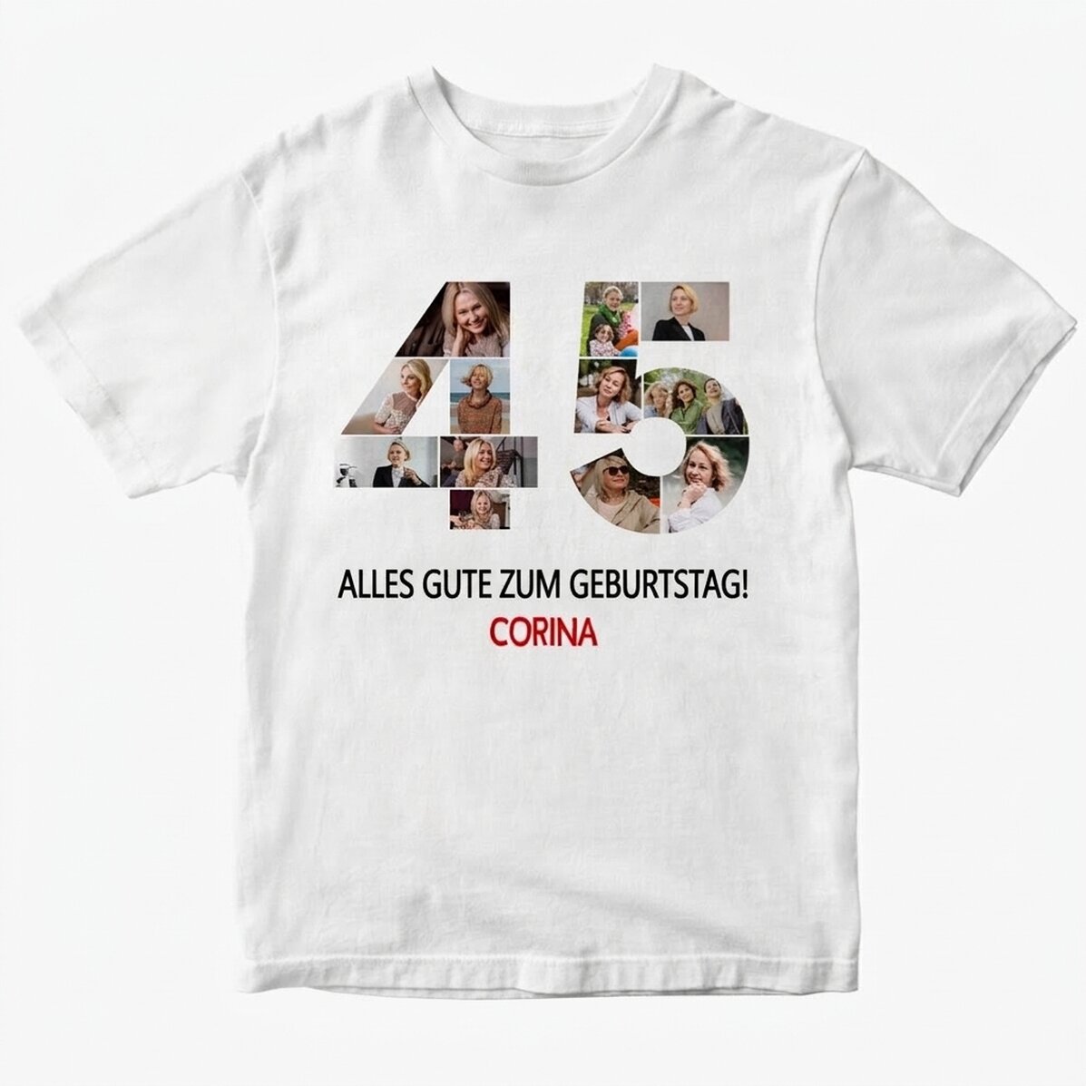 Personalisiertes Baumwoll-T-Shirt mit 12 Fotos und einer Botschaft – 45 Jahre