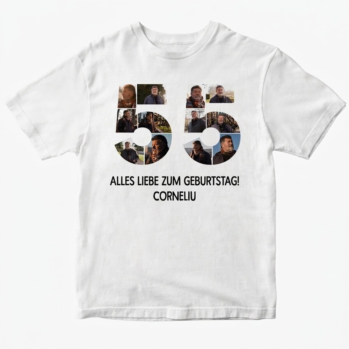 Personalisiertes Baumwoll-T-Shirt mit 12 Fotos und einer Botschaft – 55 Jahre