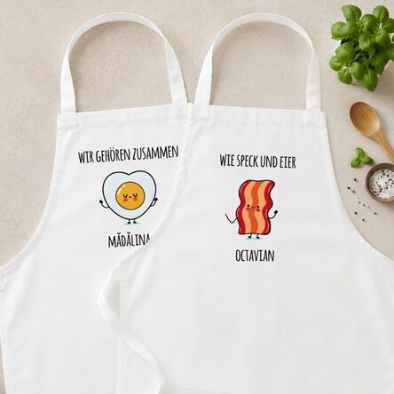 Individuell gestaltete Schürzen für Paare mit witziger Aufschrift – Bacon and eggs