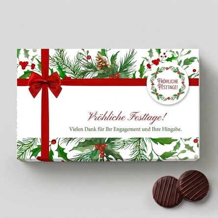 Pralinenschachtel mit Cremefüllung, individuell gestaltet mit Logo und Botschaft – Weihnachtsmodell