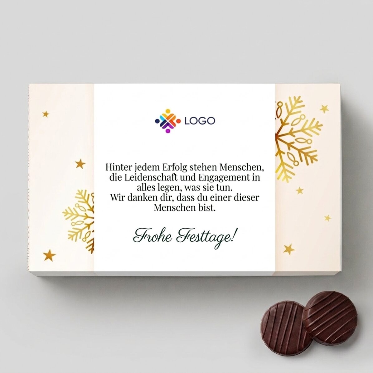 Pralinenschachtel mit Cremefüllung, individuell gestaltet mit Logo und Botschaft – Gold Christmas