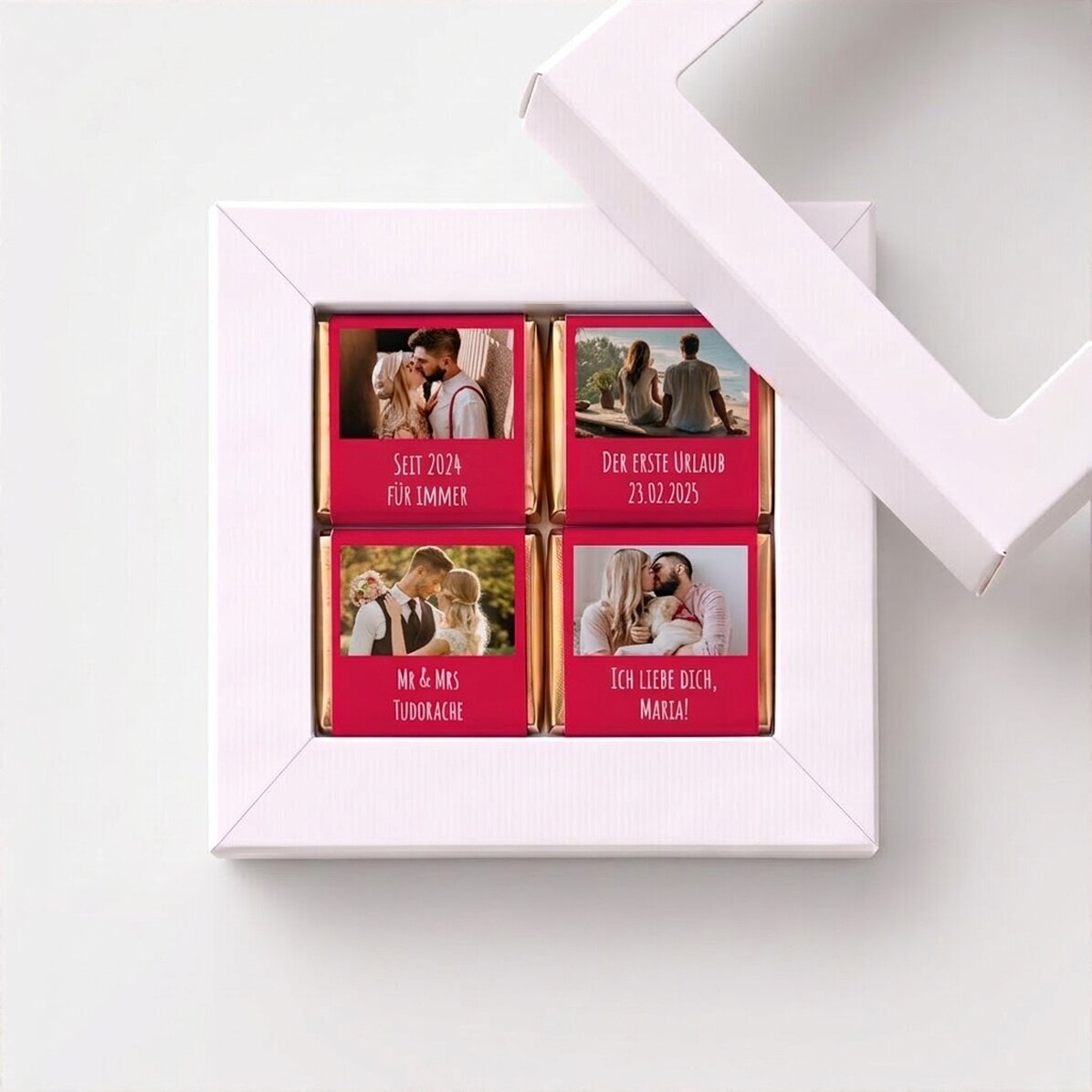 Geschenkbox mit 4 Mini-Pralinen, individuell gestaltet mit Fotos und einer Botschaft