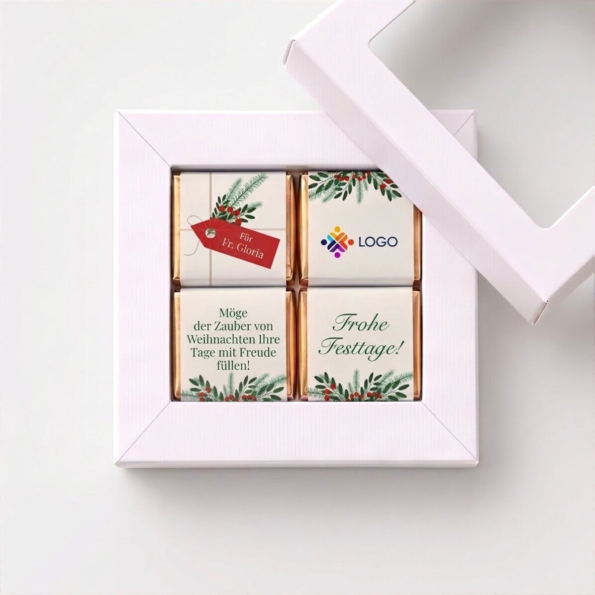 Geschenkbox mit 4 personalisierten Mini-Pralinen mit Logo und Weihnachtsbotschaft