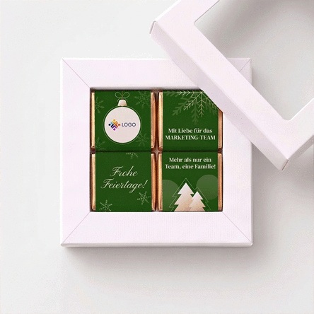 Geschenkbox mit 4 personalisierten Mini-Pralinen mit Logo und Botschaft für das Team