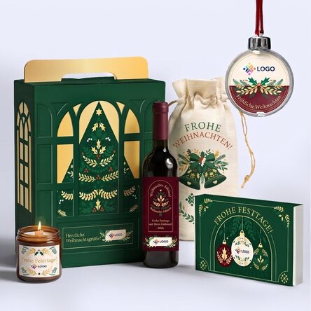 Geschenkbox – Weihnachtsedition mit Produkten, die mit Logo und Botschaft personalisiert sind