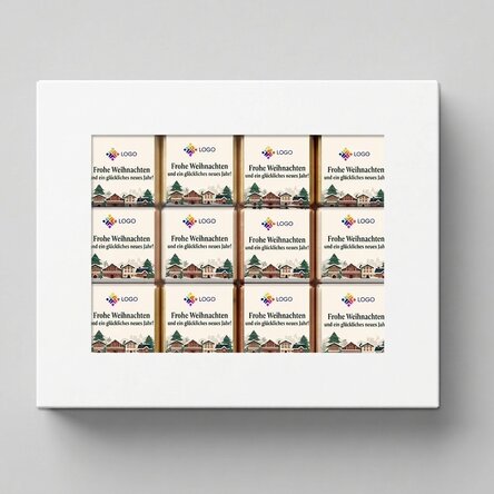 Geschenkbox mit 12 personalisierten Mini-Pralinen mit Logo und Weihnachtsbotschaften