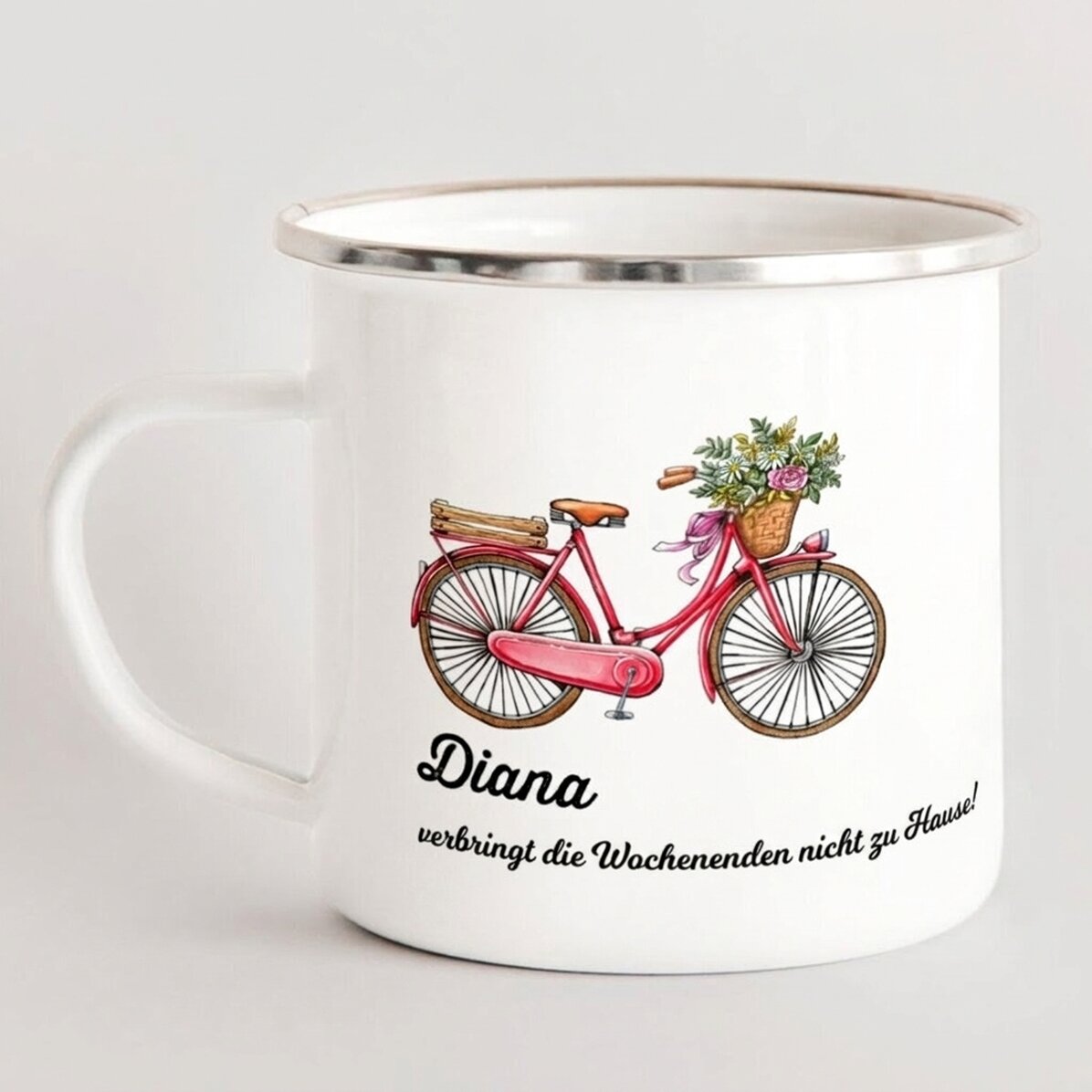 Personalisierter emaillierter Metallbecher – Retro-Fahrrad-Motiv