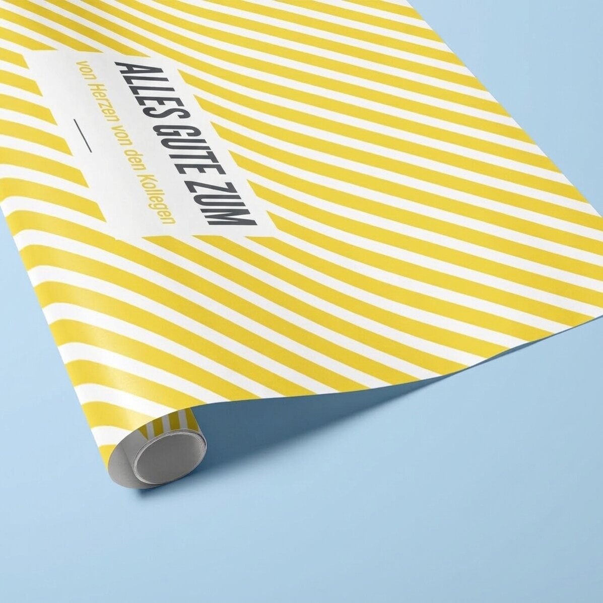Individuell gestaltetes Geschenkpapier – Motiv „Yellow Stripes“ mit Text in einem Rahmen