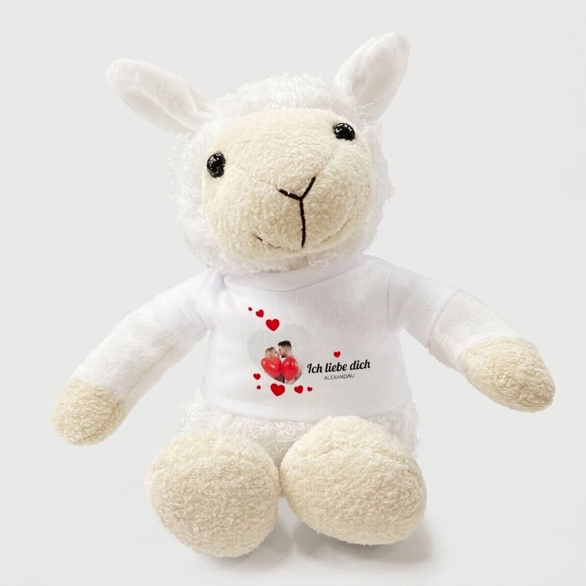 Plus ein personalisiertes Schaf mit einem Foto und einer Liebesbotschaft