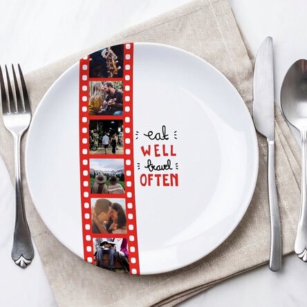 Personalisierter Teller mit 6 Fotos – Eat well, travel often
