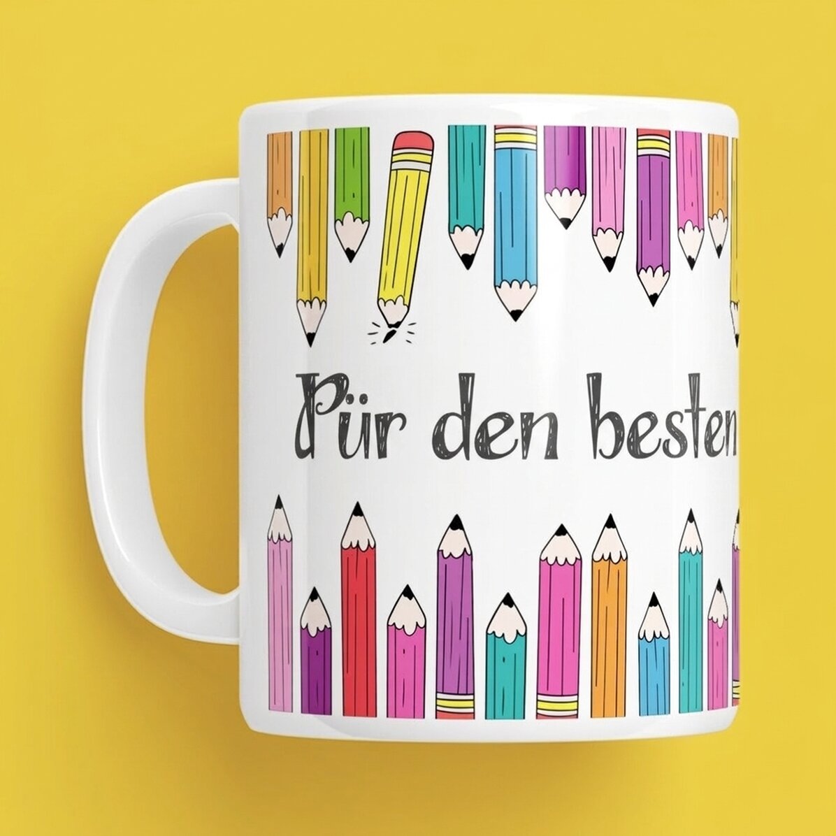Personalisierte Tasse mit Text – Buntstifte