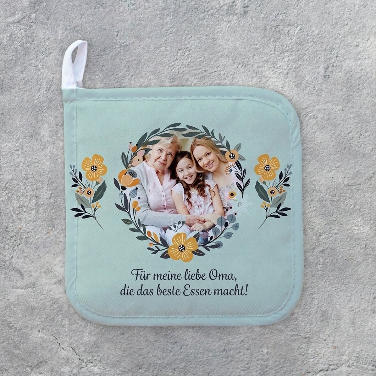 Individuell gestalteter Untersetzer für heiße Töpfe mit Foto und Text – Blumenmotiv
