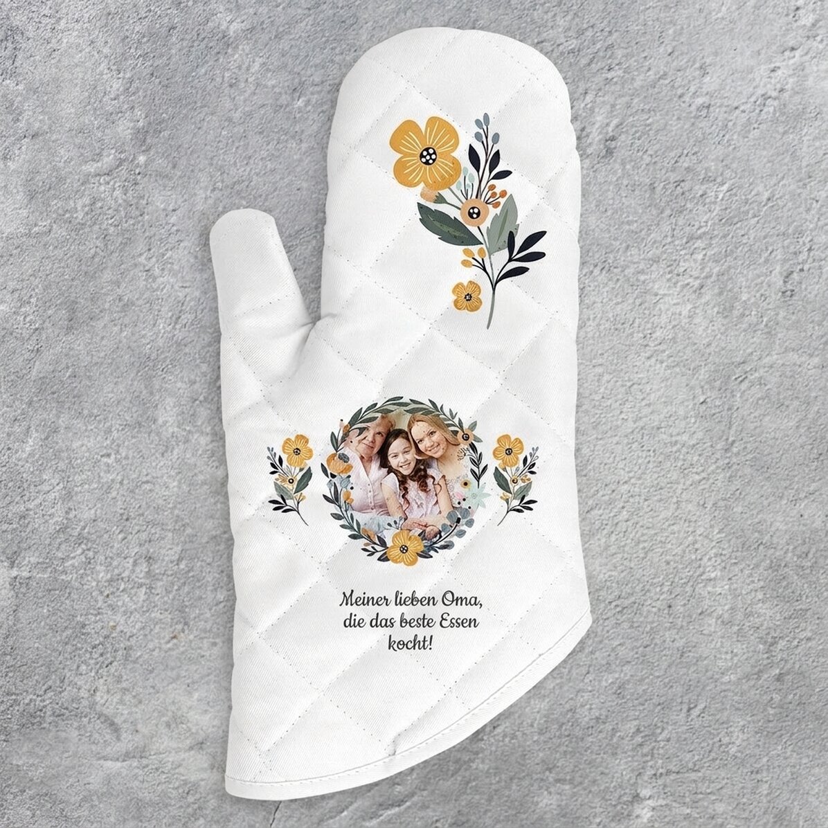 Personalisierte Küchenhandschuhe mit Foto und Text – Blumenmuster