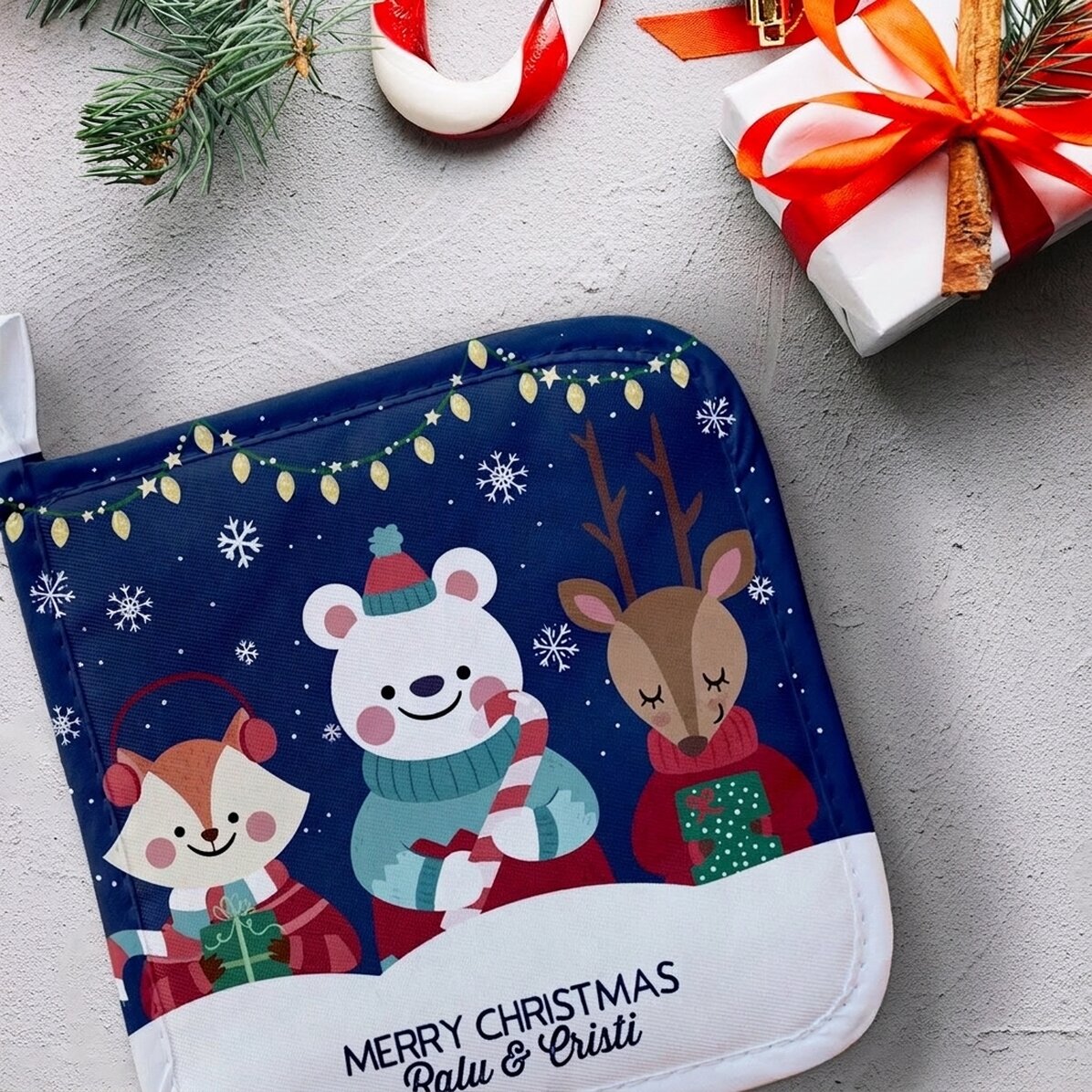Individuell gestalteter Untersetzer für heiße Töpfe mit Schriftzug – Christmas Night