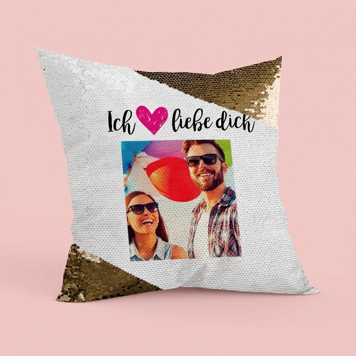 Personalisiertes Kissen mit Pailletten und Foto – I love you