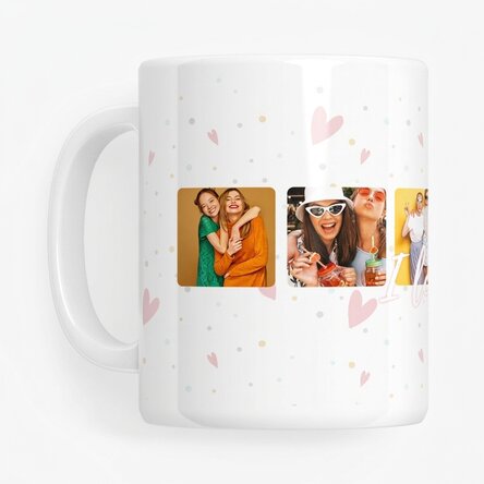 Personalisierte Tasse mit 6 quadratischen Fotos und dem Text „I love You“ – Celebrate love