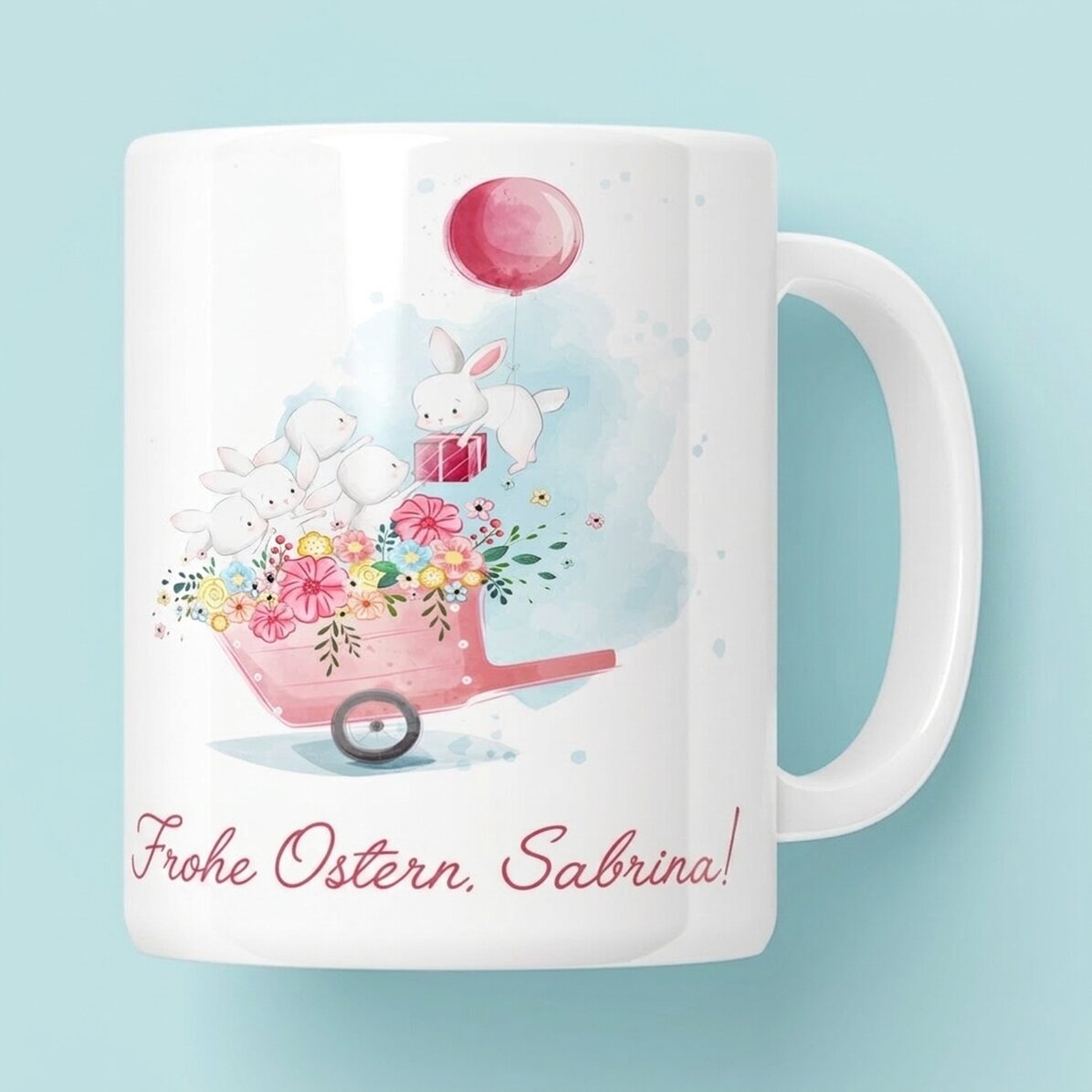 Personalisierte Tasse mit Text – Fröhliche Häschen
