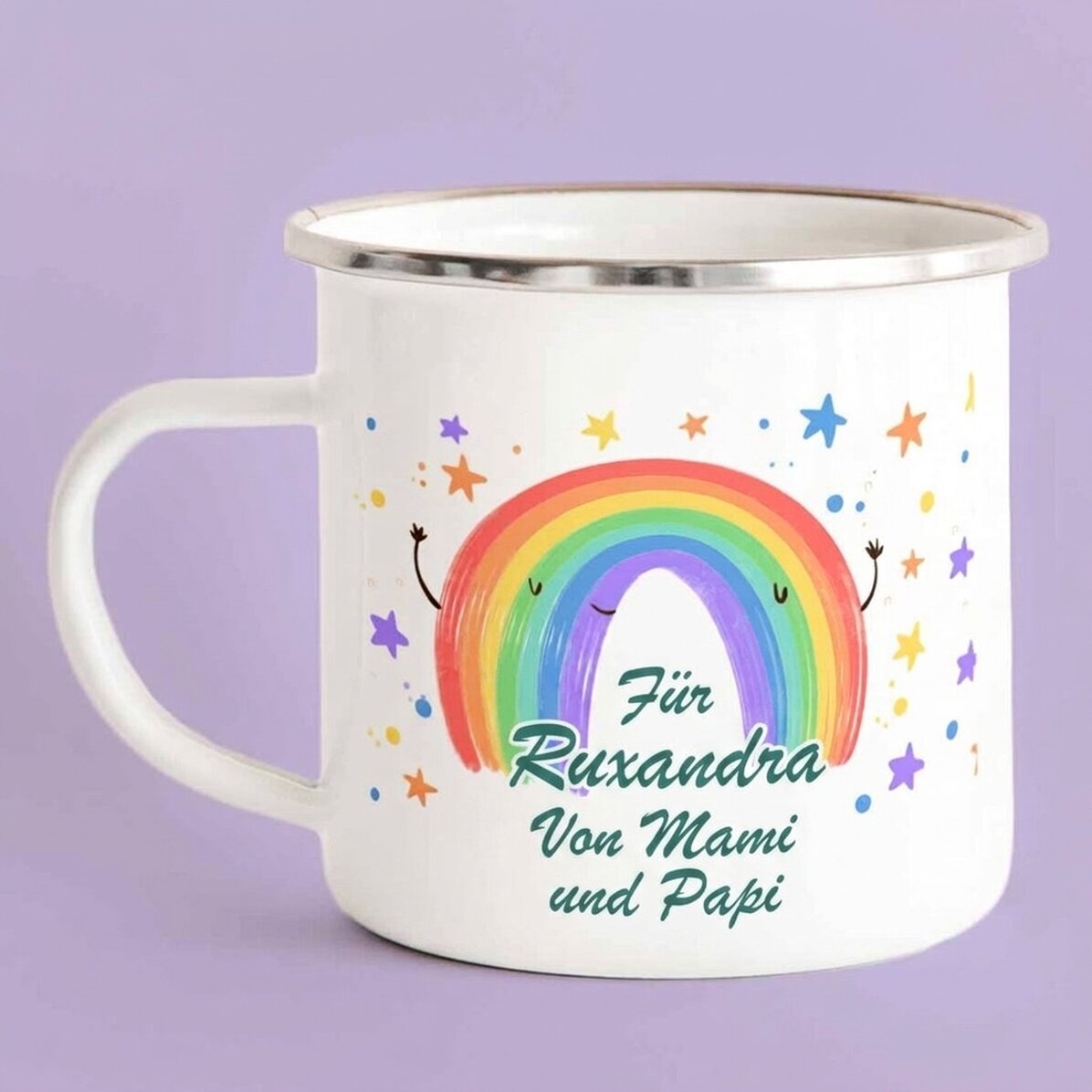 Emaillierter Metallbecher mit Aufdruck – Rainbow