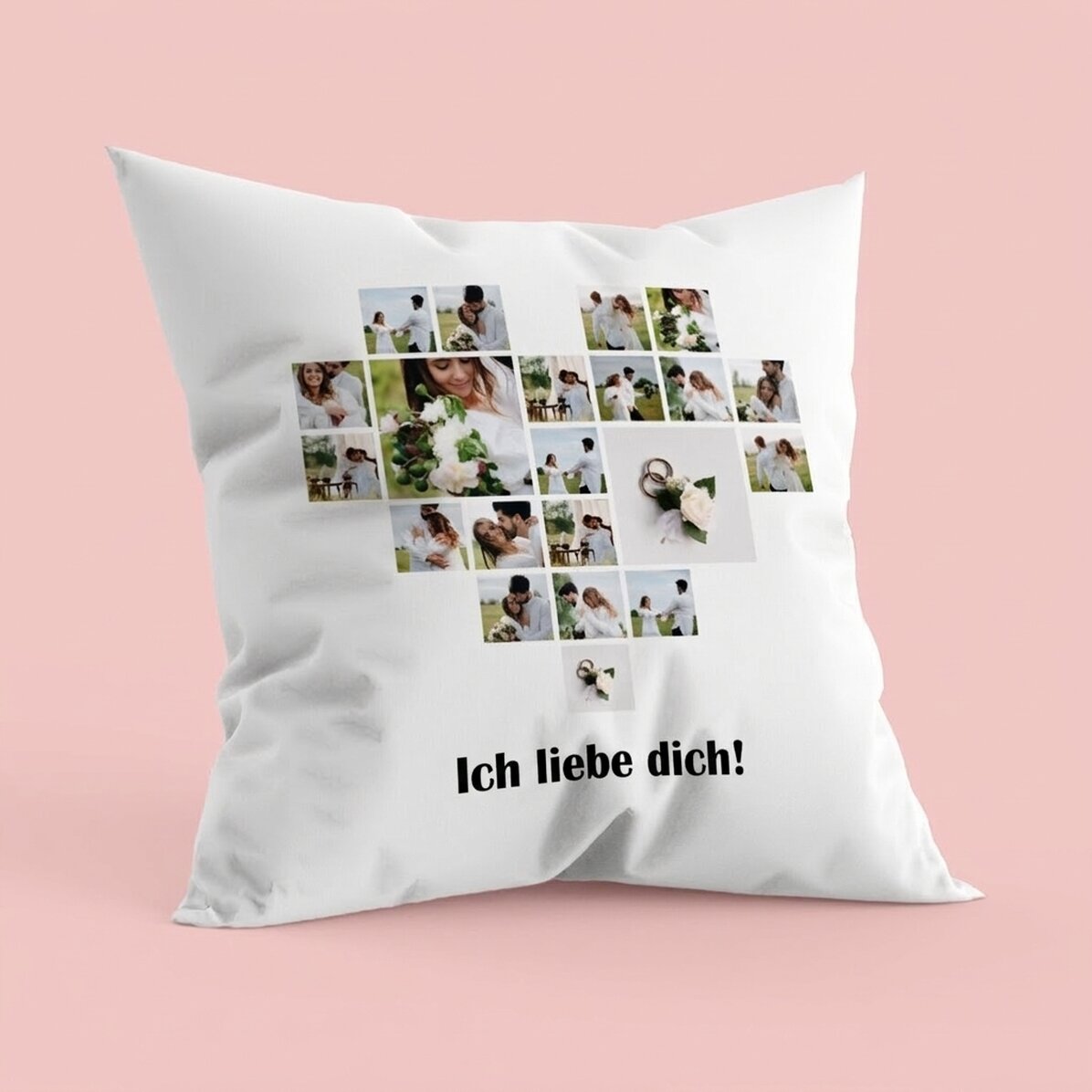 Personalisiertes Kissen mit 21 Fotos in Herzform und Text